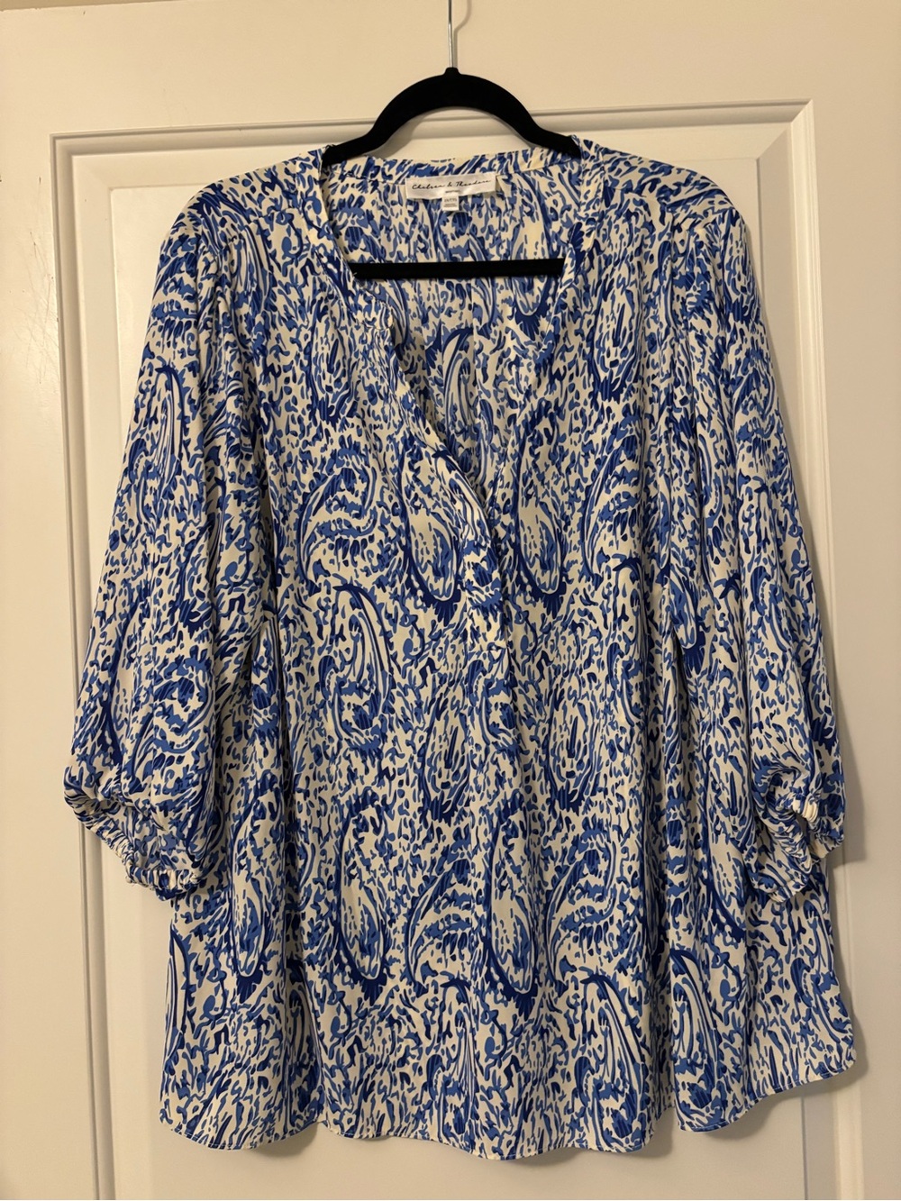 Chelsea & Theodore Blue and White Paisley V-Neck Blouse